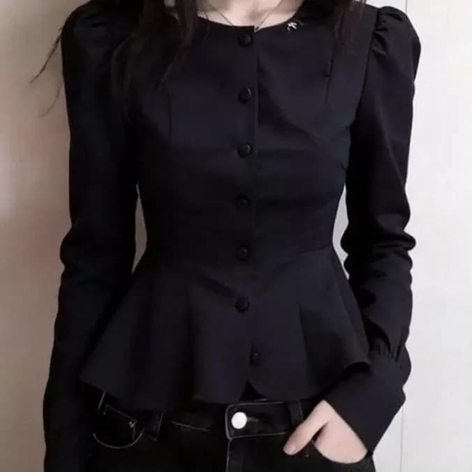 빛 럭셔리 바람 검정색 거품 소매 단추 허리 수축 여성 셔츠 2026 봄 새로운 몸매 가꾸기 다용도 작은 대중 라운드 넥 맨위 상세 이미지 10