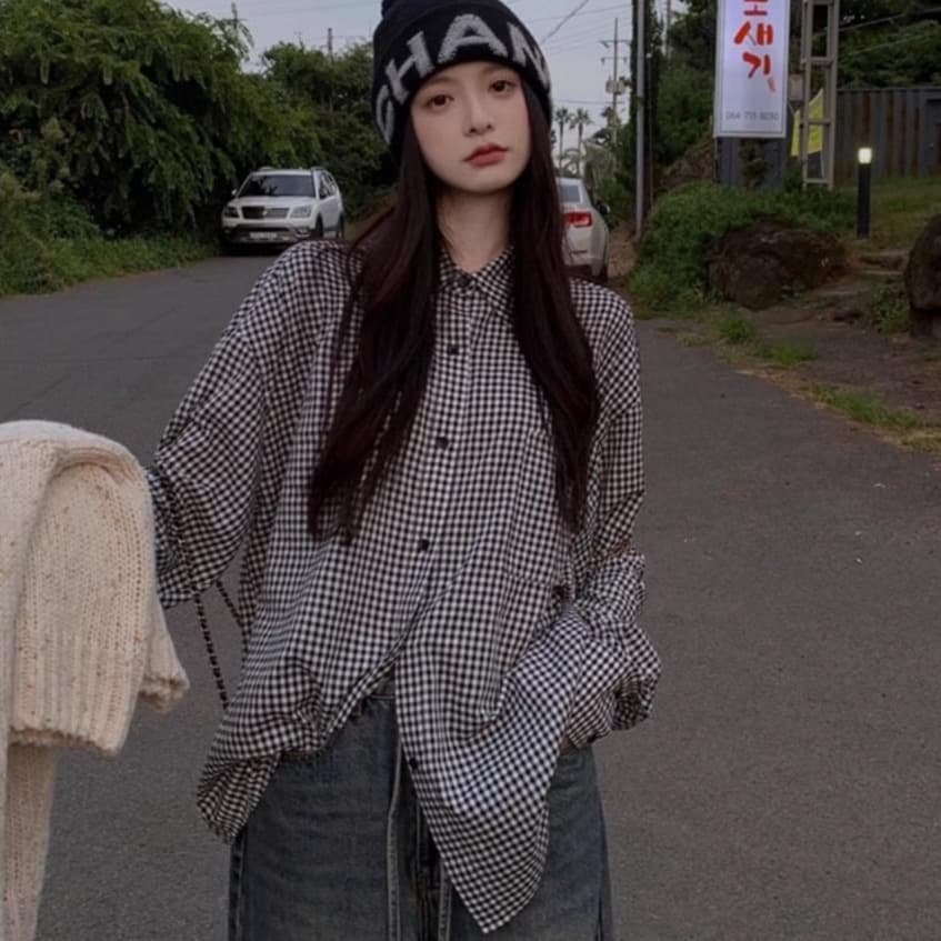 팬 지혜 조 miu 부서 블루 체크무늬 긴팔 여성 셔츠 가을 느긋한 바람 캐주얼 루즈핏 셔츠 패션 다용도 재킷 상세 이미지 3