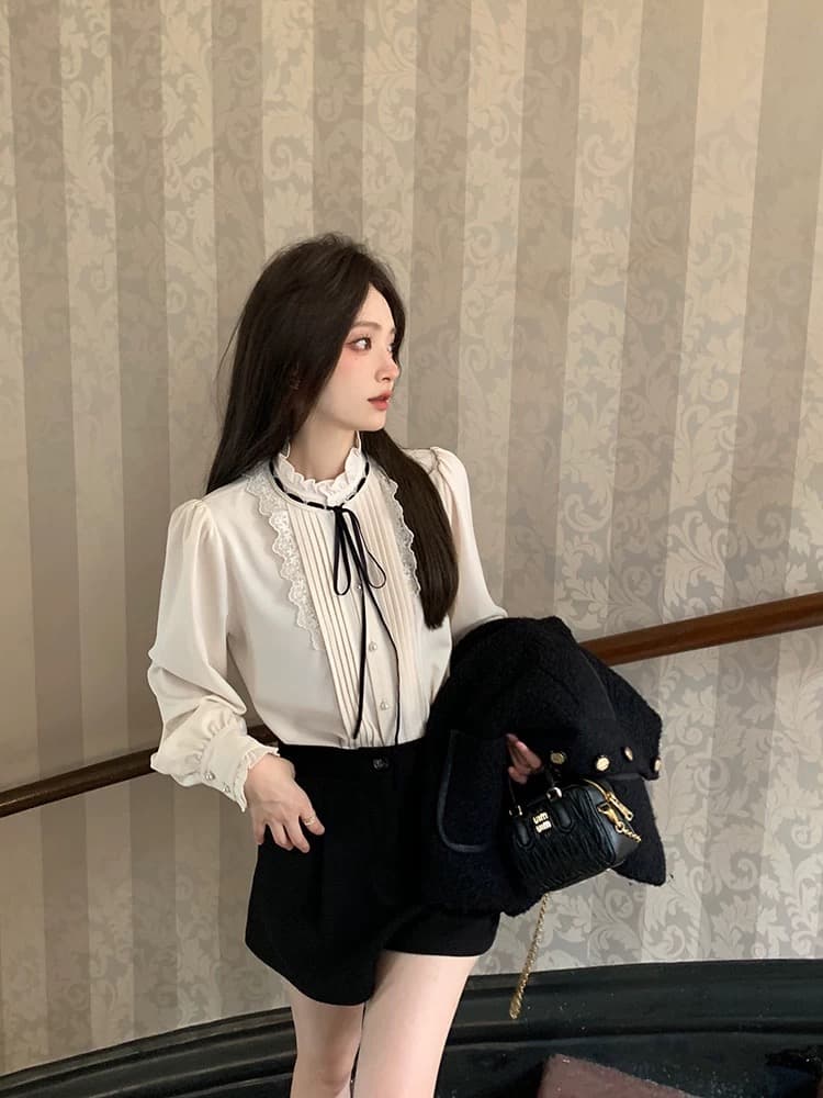 zzhen 9 21 10 00am 매우 한 매우 오만한 원 영어 센스 벨벳 레이스 셔츠 레이스 업 셔츠 이미지 3