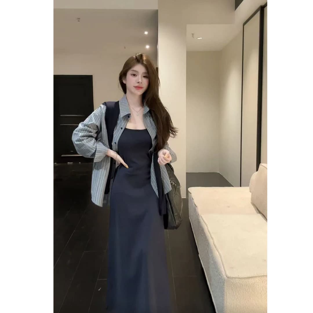 huihui 이른 가을 새로운 디자인 센스 작은 대중 긴팔 숄 스트라이프 셔츠 코디 롱 스커트