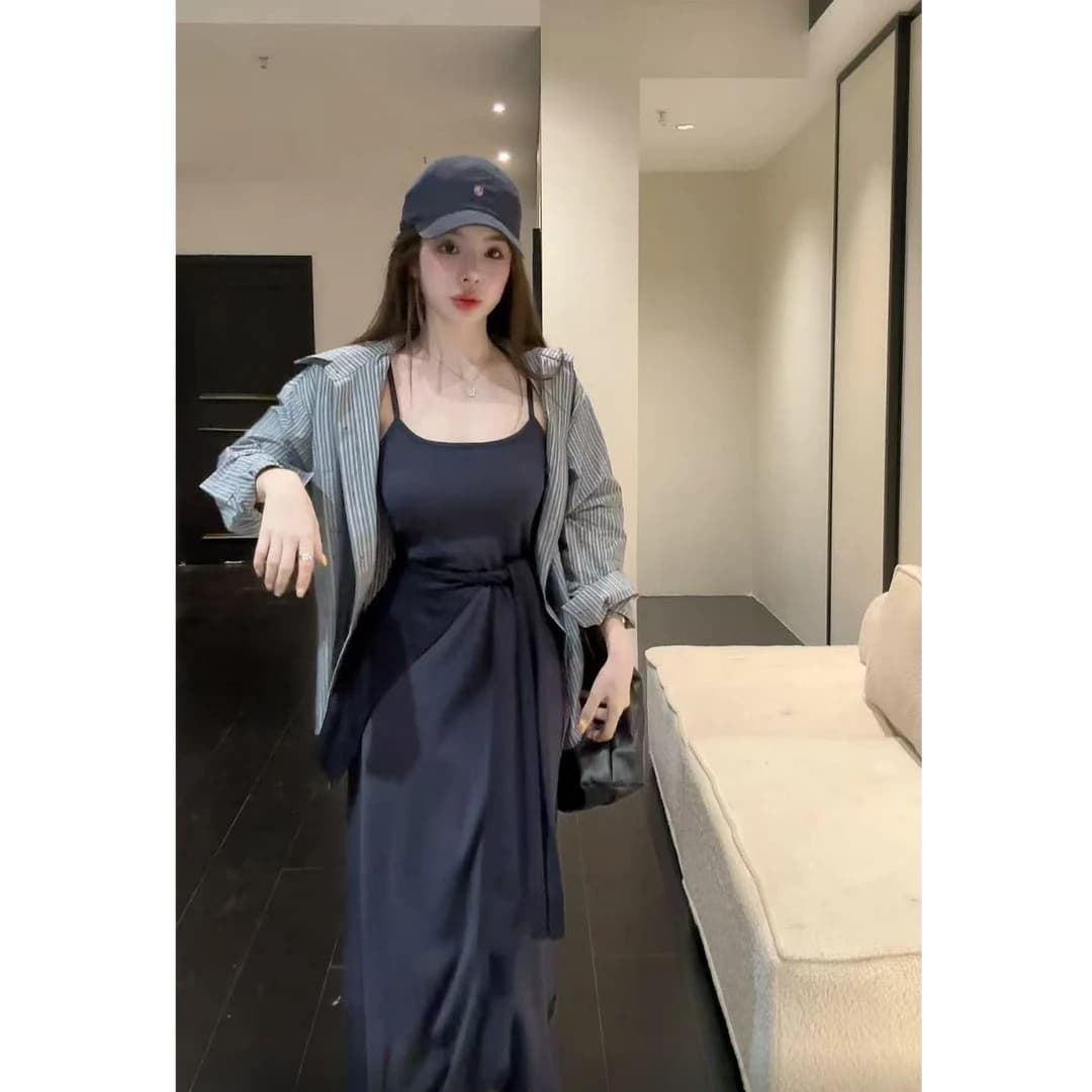 huihui 이른 가을 새로운 디자인 센스 작은 대중 긴팔 숄 스트라이프 셔츠 코디 롱 스커트 상세 이미지 4
