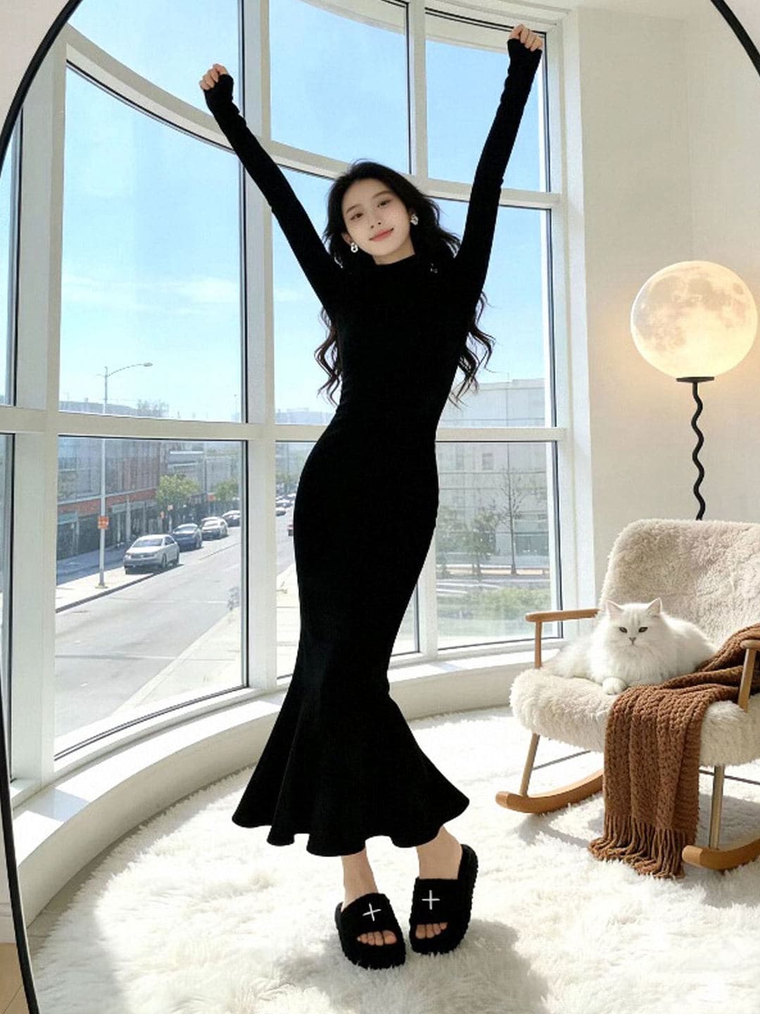 한국 품격 명문 여성 홍콩 스타일 레트로 터틀넥 스웨터 니트 인어 꼬리 드레스 몸매 가꾸기 슬림해 보이는 그는 벤 바람 롱 스커트