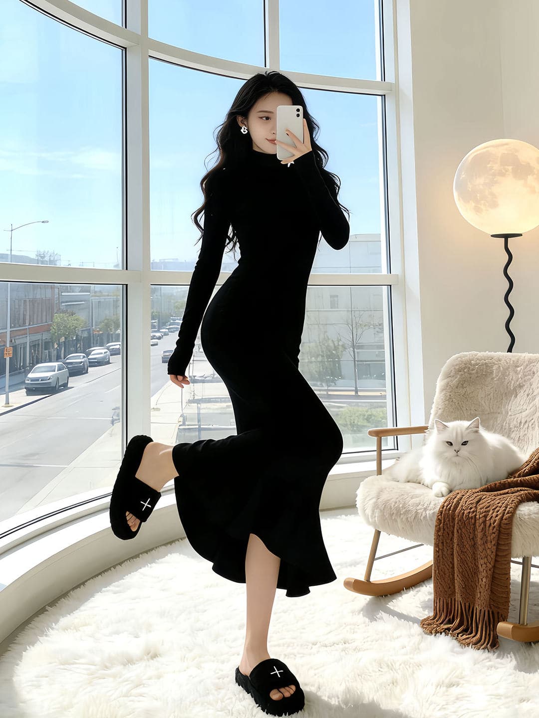 한국 품격 명문 여성 홍콩 스타일 레트로 터틀넥 스웨터 니트 인어 꼬리 드레스 몸매 가꾸기 슬림해 보이는 그는 벤 바람 롱 스커트 이미지 4