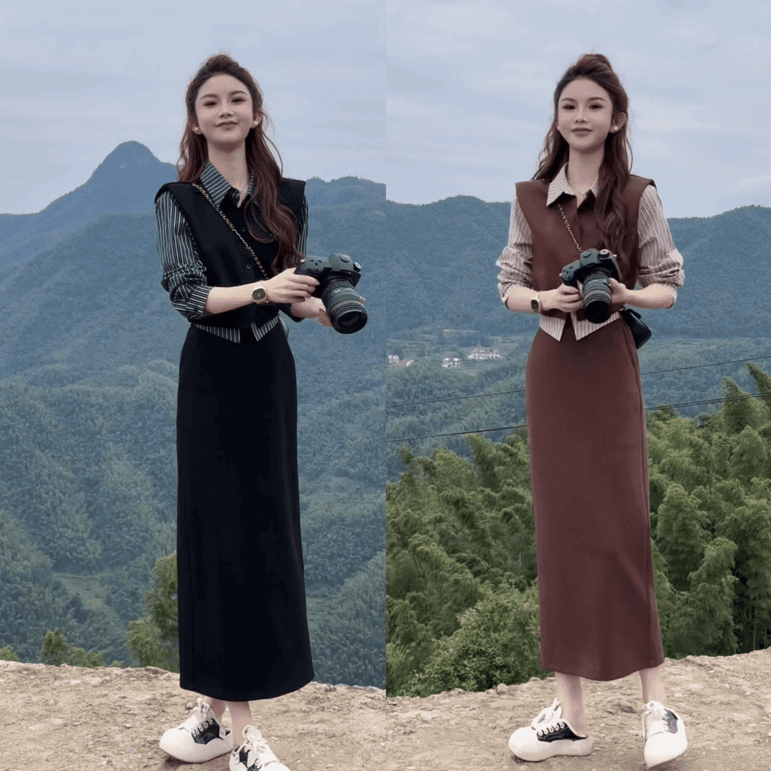 새로운 품격 고급 슬림해 보이는 스트라이프 셔츠 조끼 반신 스커트 투피스 세트
