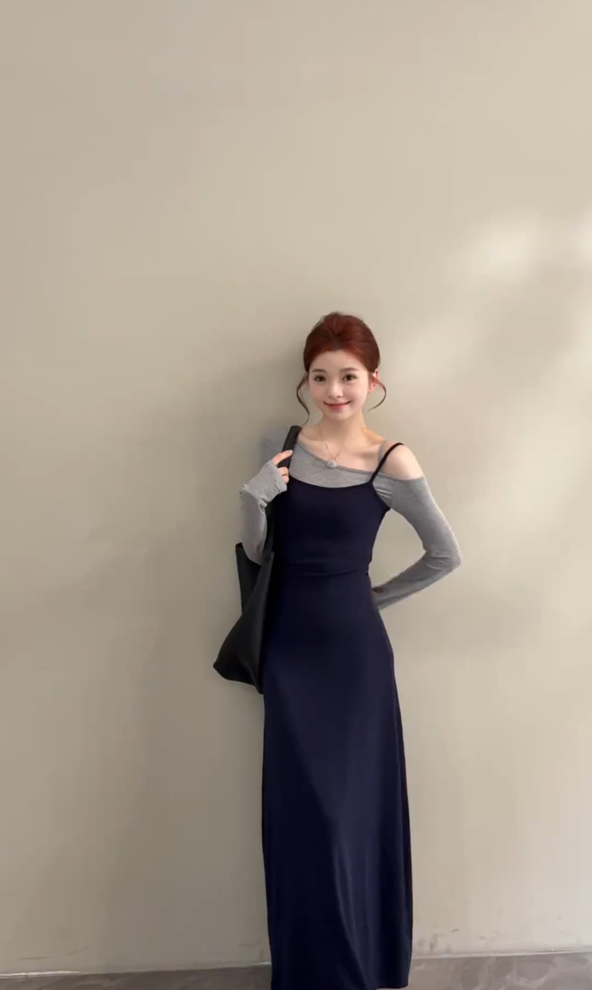 노래 송 이른 가을 새로운 작은 대중 배색 허리 수축 슬림해 보이는 품격 페이크 레이어드 긴팔 슬립 드레스 상세 이미지 2