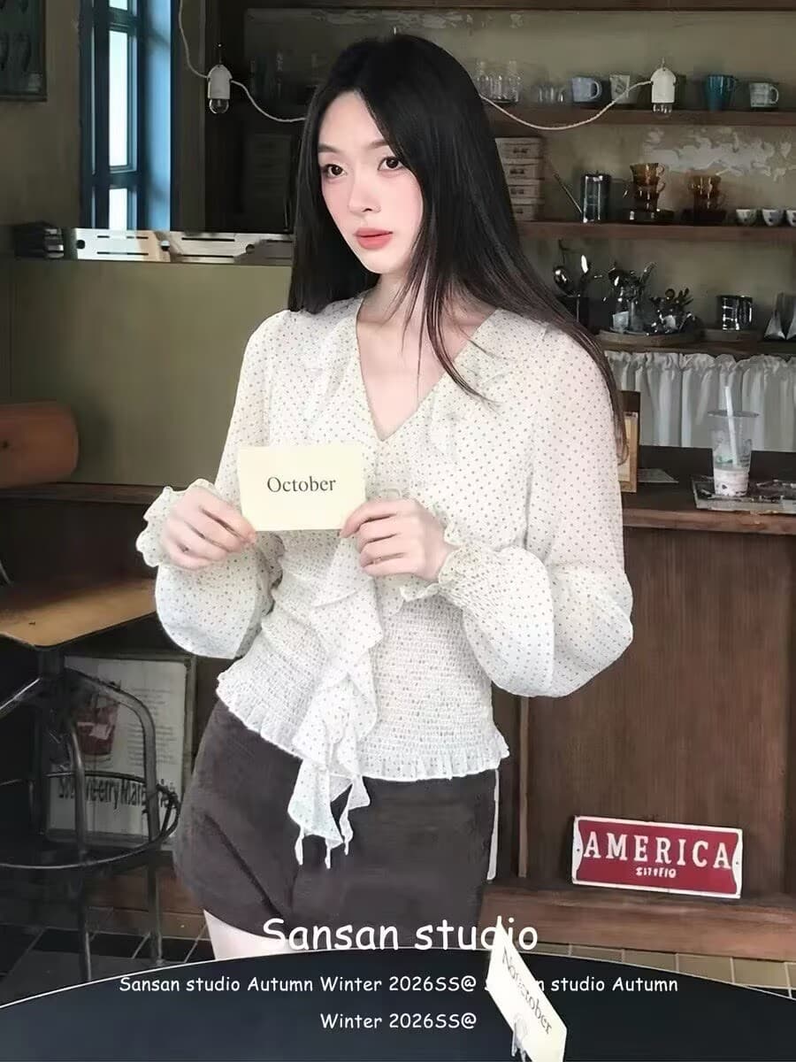 한 부서 도트 무늬 긴팔 시폰 셔츠 여성 이른 가을 착용 가져 가라. 리본 V넥 티셔츠 허리 수축 슬림해 보이는 순수한 욕망 바람 핫걸 맨위 이미지 4