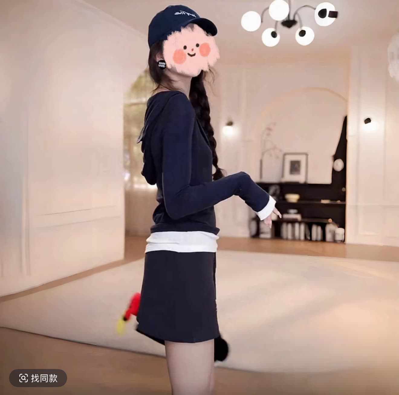yanyan 여름 새로운 페이크 레이어드 모자 셔츠 긴팔 티셔츠 알파벳 펌프 로프 캐주얼 반신 스커트 웨이 치마 세트 상세 이미지 4