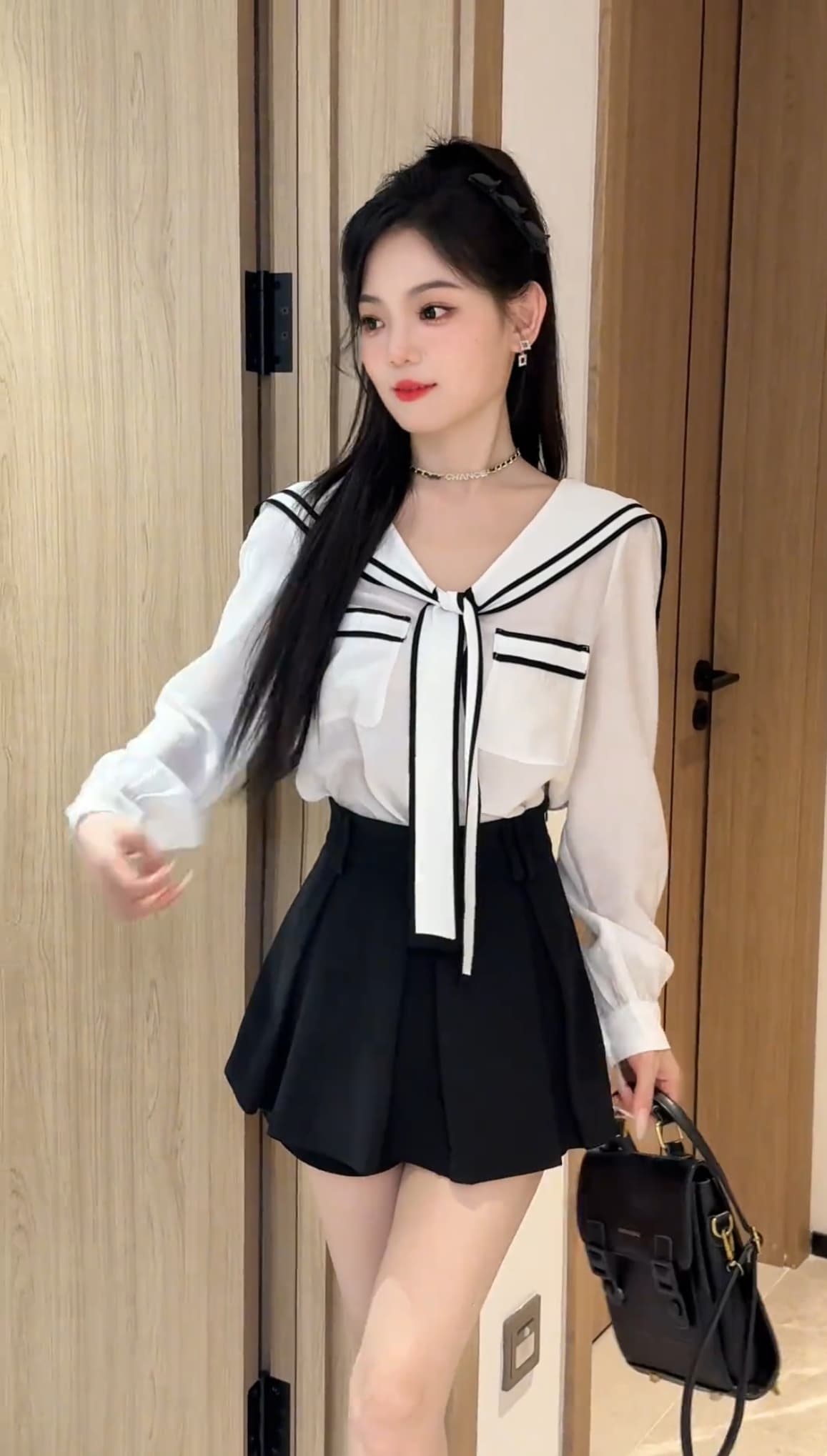 mm 프랑스식 리본 해군 칼라 여성 셔츠 가을 새로운 연령 감소 Chic 긴팔 세트 상세 이미지 3