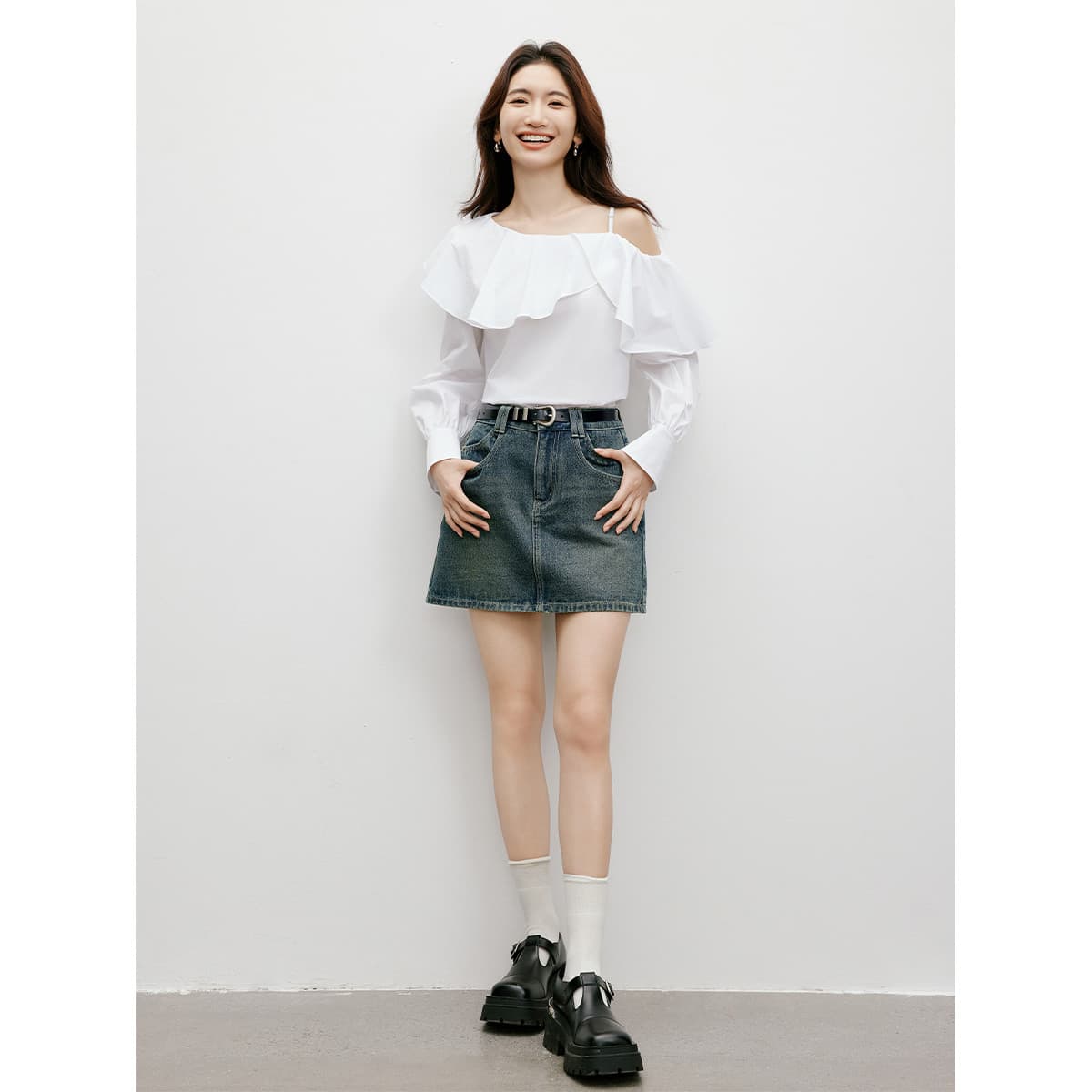 가을 여성 의류 순수한 욕망 바람 마이크로 거품 소매 오프숄더 비대칭 칼라 풀오버 셔츠 맨위 이미지 4