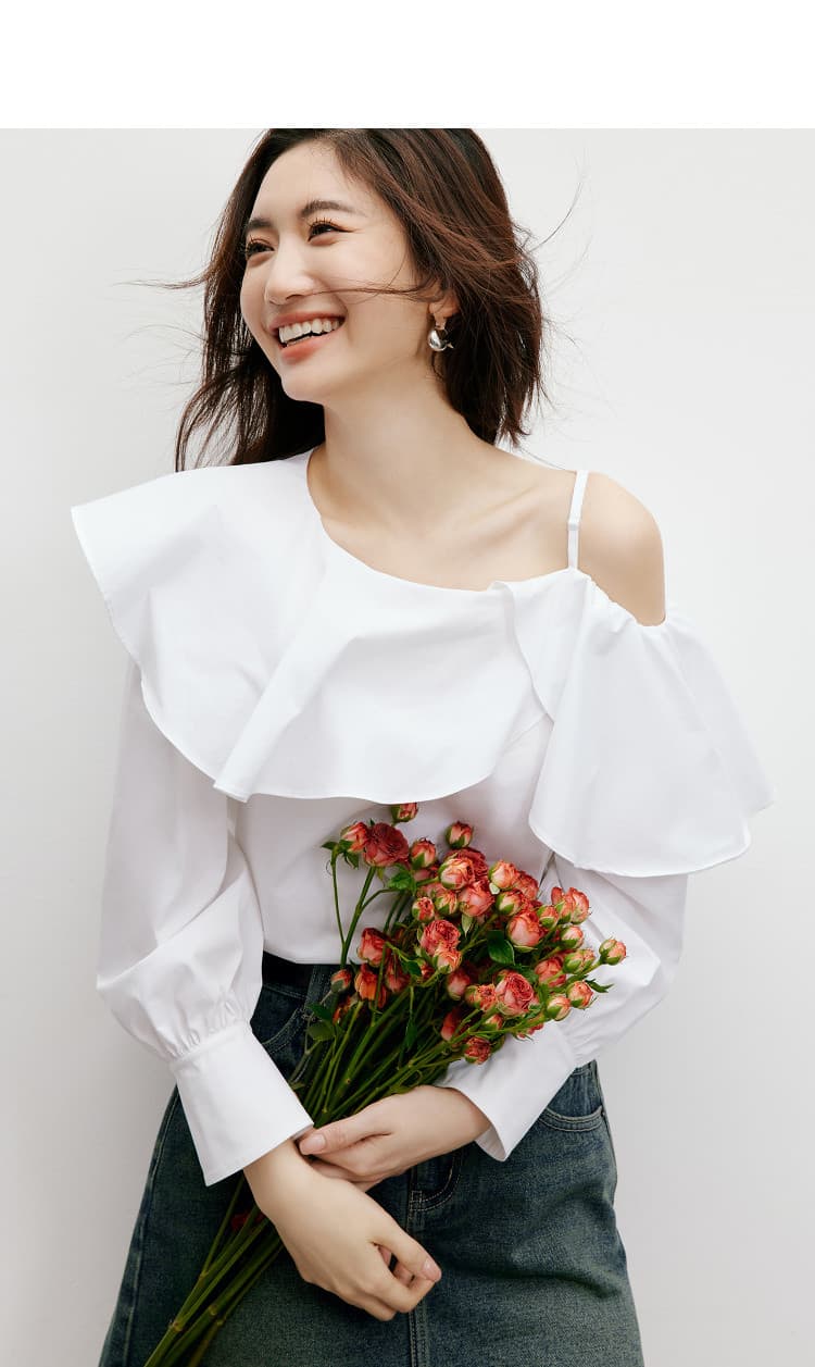 가을 여성 의류 순수한 욕망 바람 마이크로 거품 소매 오프숄더 비대칭 칼라 풀오버 셔츠 맨위 상세 이미지 12