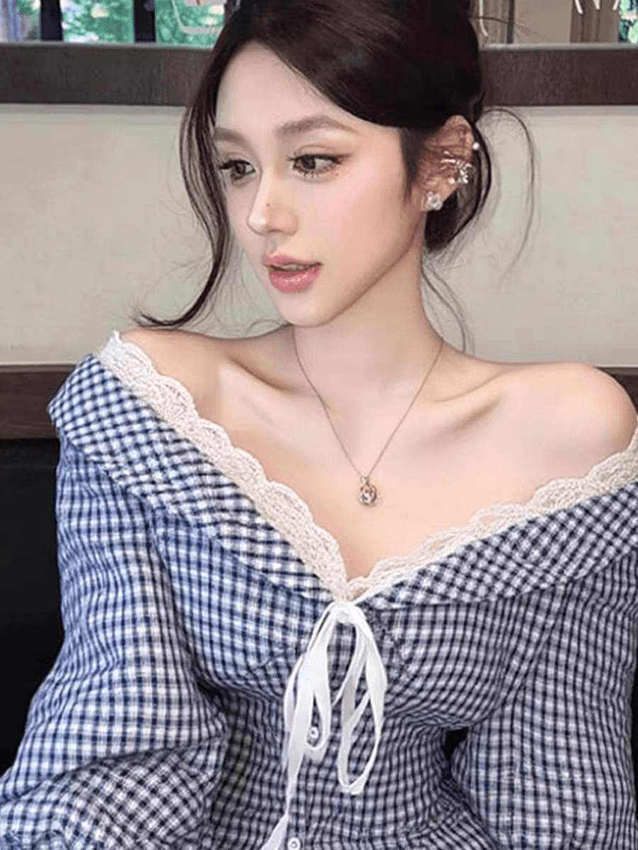 올해 인기 파란색 체크무늬 오프숄더 여성 셔츠 가을 연령 감소 패션 외국 가스 레이스업 레이스 셔츠 상세 이미지 4