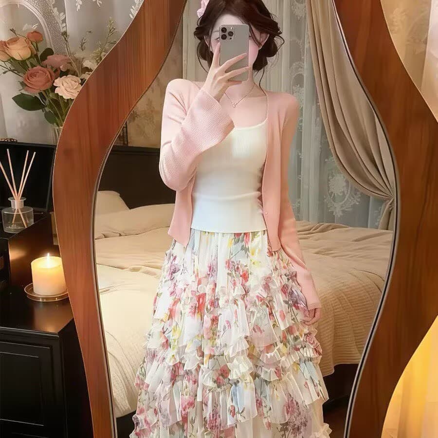 도파민 부드러운 바람 착용 가져 가라. 전체 집합 여성 드레스 봄 분말 오픈 가디건 슬립 망사 반신 스커트 3종 세트 상세 이미지 5