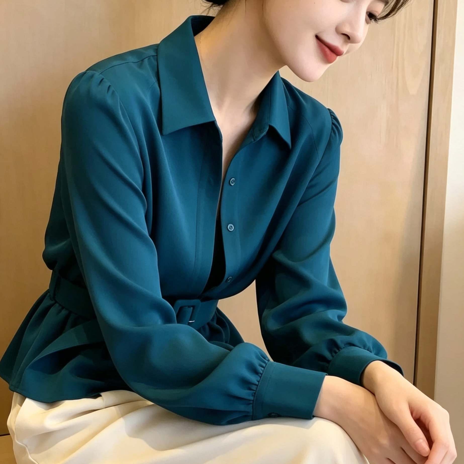 프랑스식 빛 럭셔리 파란색 긴팔 여성 셔츠 가을 새로운 흐름 지불 폴로 칼라 허리 수축 고급 센스 출퇴근 맨위 이미지 5