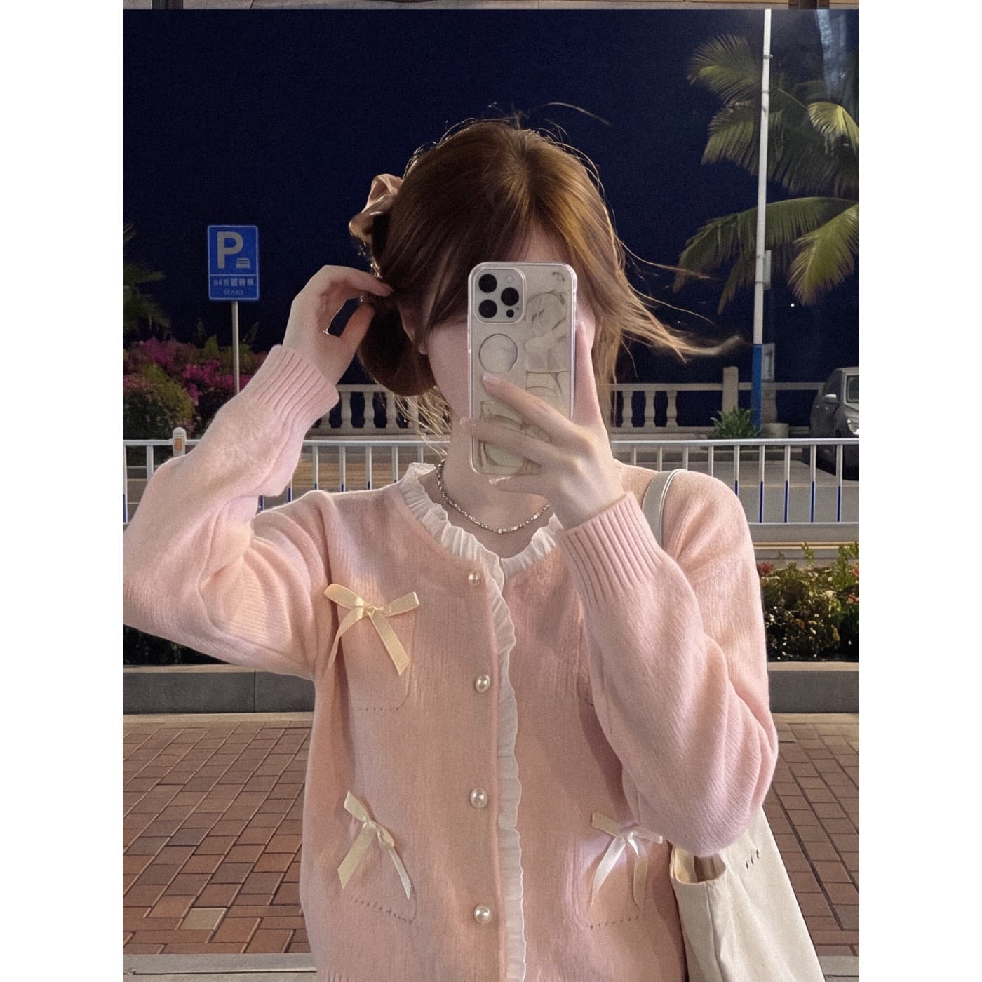 작은 샤넬 스타일 나비 매듭 핑크색 스웨터 여자 가을 겨울 새로운 우유 fufu 느긋한 니트 오픈 가디건 외부 이미지 3