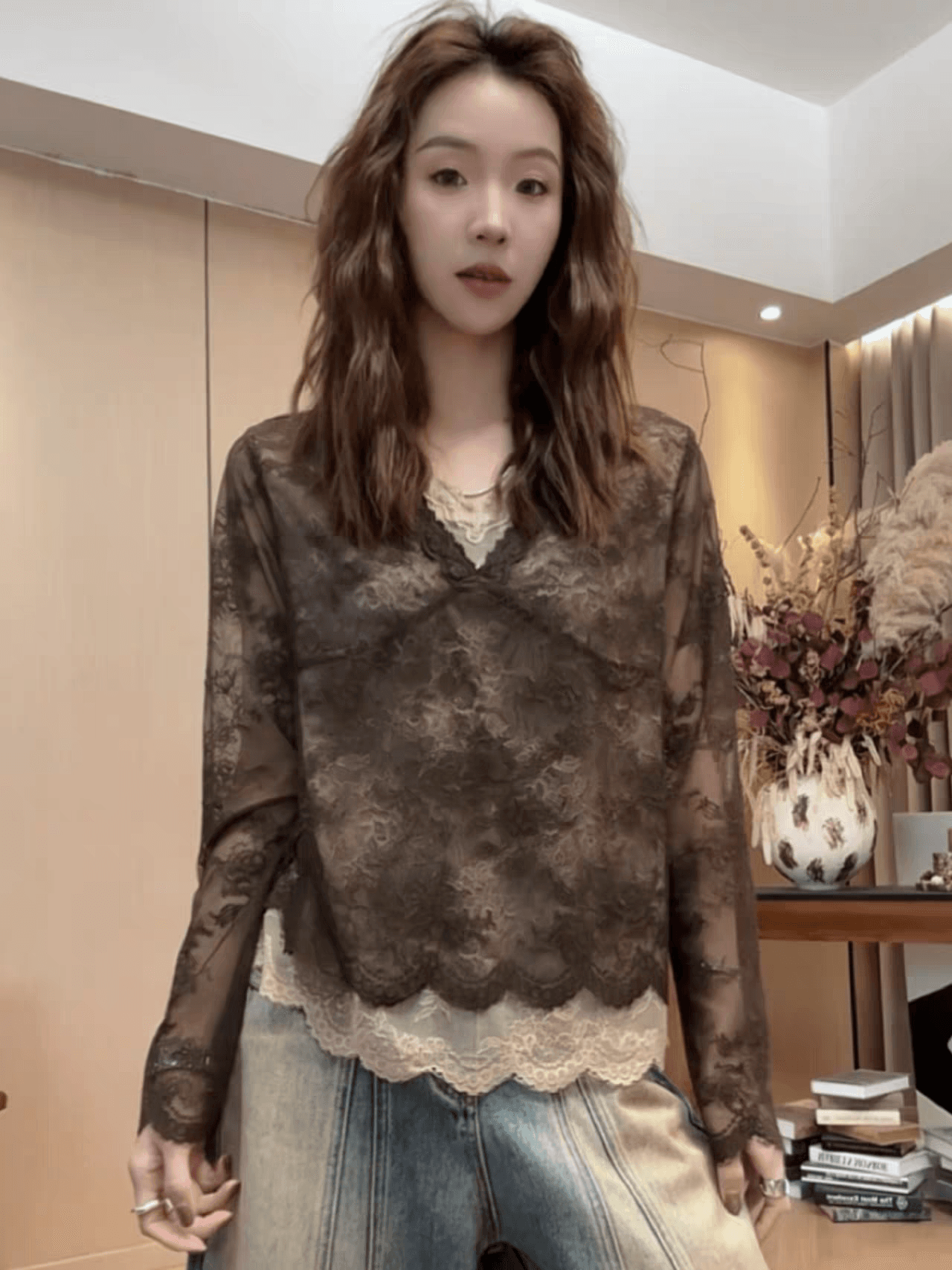 한국 스타일 레트로 V넥 페이크 레이어드 레이스 배색 패치워크 맨위 여성 가을 겨울 긴팔 기본 셔츠 외국 가스 작은 셔츠 트렌디 상세 이미지 1