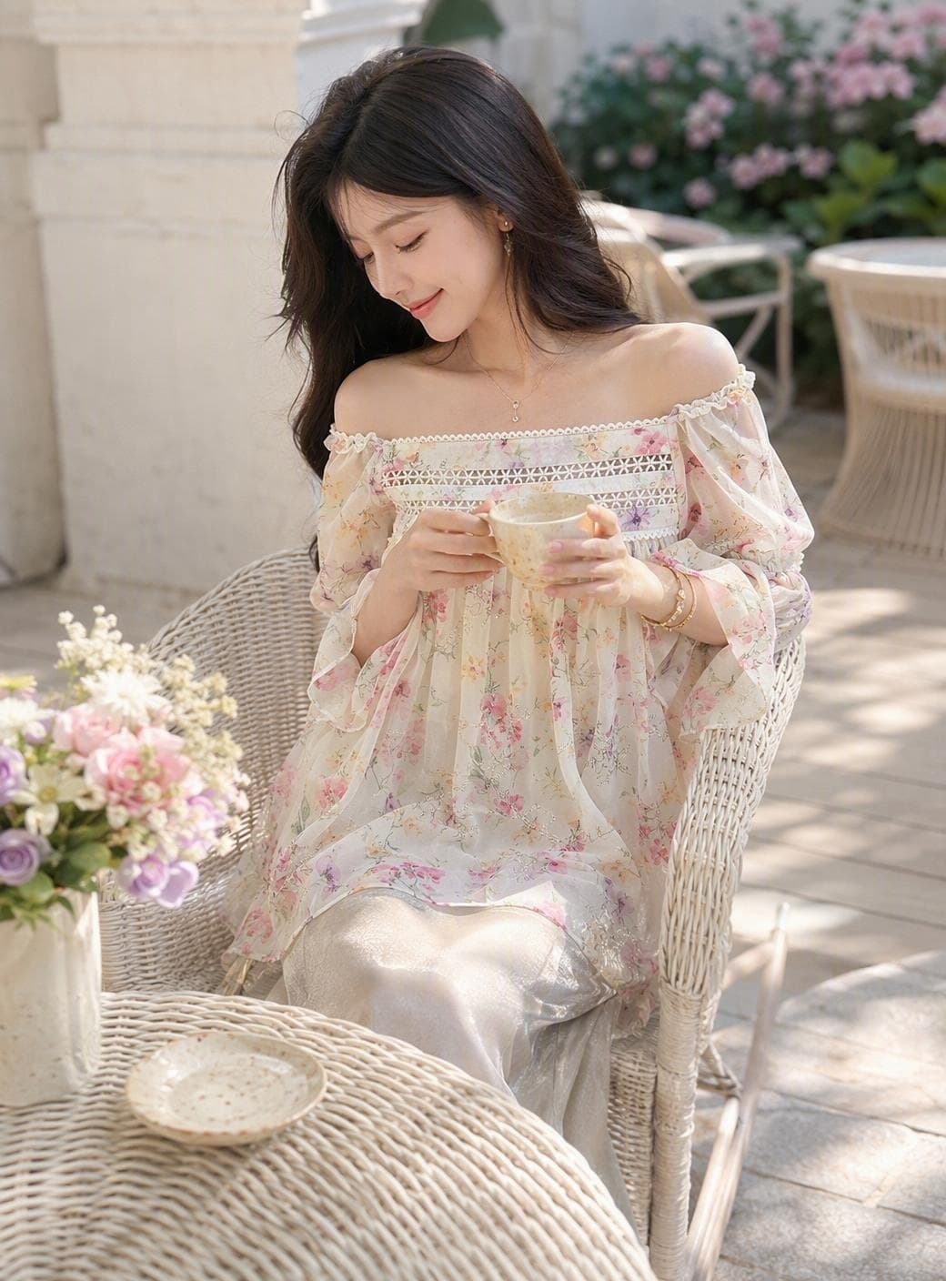 꽃무늬 레이스 오프숄더 루즈핏 쉬폰 블라우스 오프숄더 달콤함 신선함 소녀 맨위 이미지 3