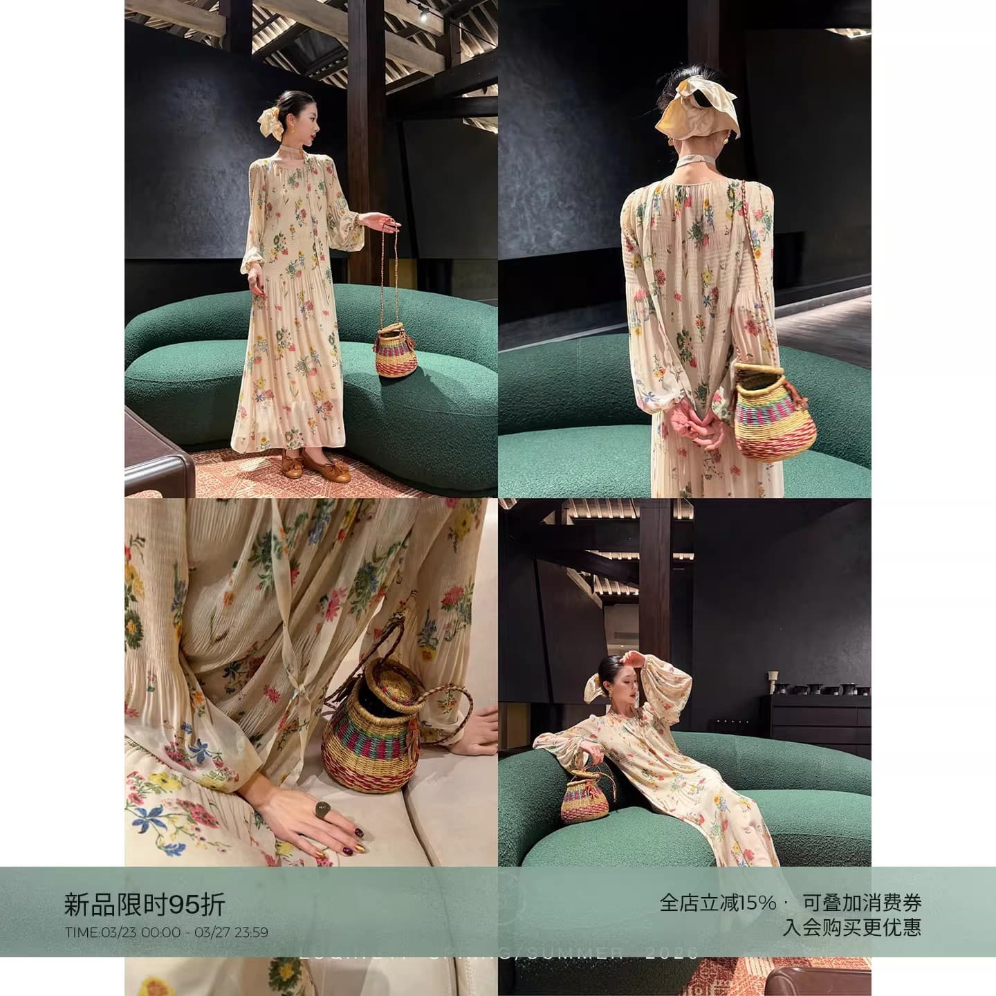 왜가리 녹색 하나 오리지널 후이 나무 프랑스식 프린트 여성 드레스 봄 여름 전원 바람 플리츠 쉬폰 휴가 롱 스커트 상세 이미지 5