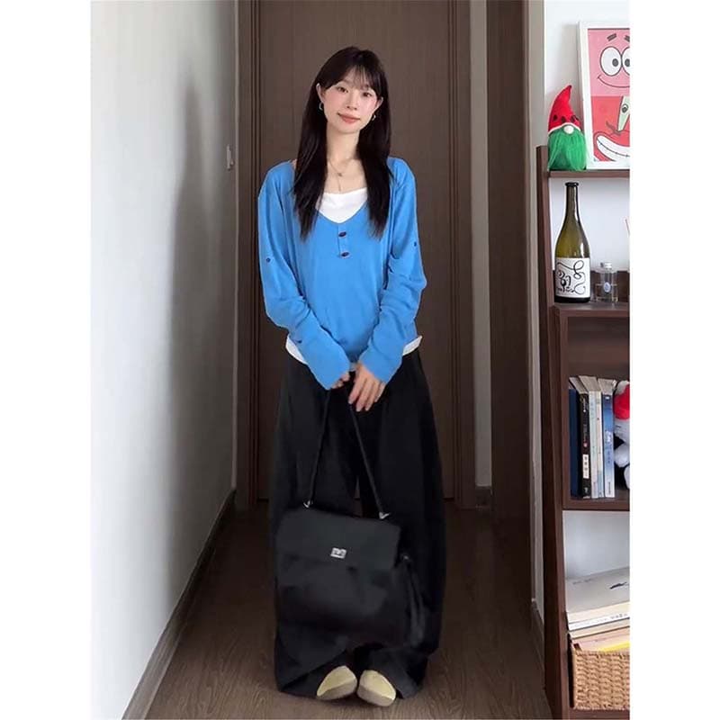 가을 2026 얇은 스타일 페이크 레이어드 긴팔 맨위 여성 한 부서 작은 대중 디자인 센스 허리 수축 슬림해 보이는 Chic 티셔츠 이미지 4