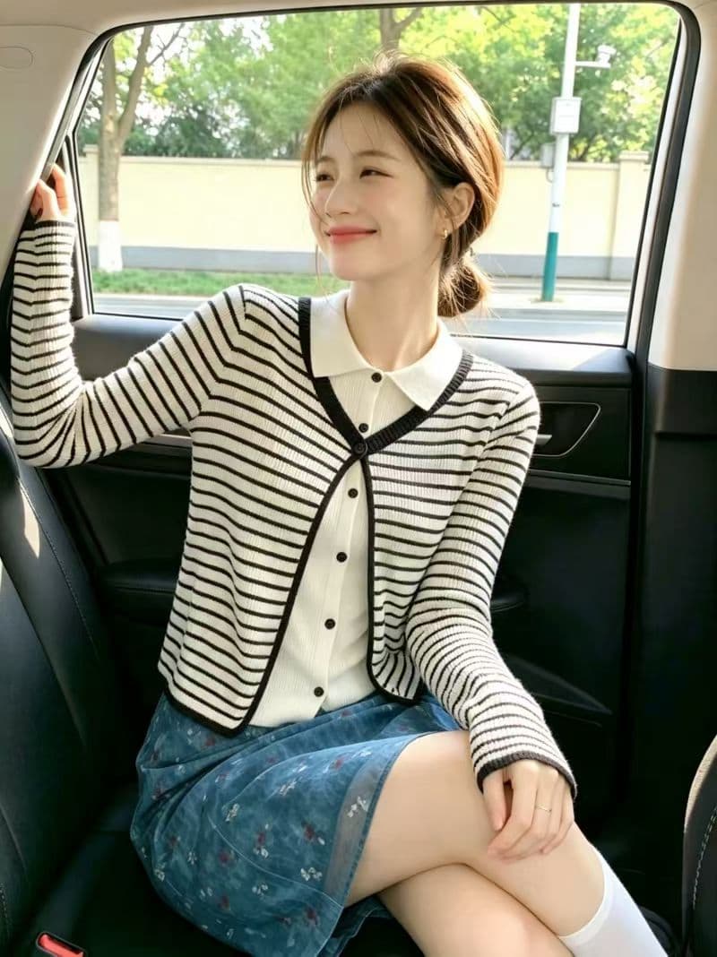 페이크 레이어드 스트라이프 폴로 칼라 니트 오픈 가디건 긴팔 티셔츠 여성 가을 디자인 센스 루즈핏 품격 기본 셔츠 맨위 상세 이미지 2