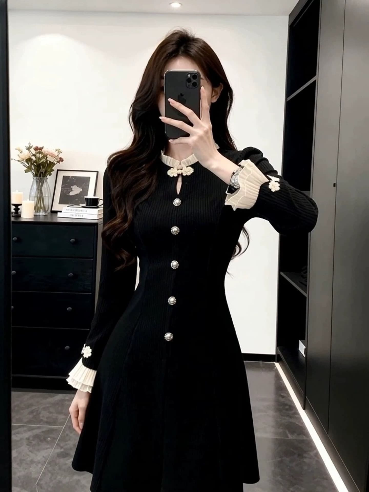 프랑스식 품격 검정색 작은 샤넬 스타일 드레스 여성 봄 가을 허리 수축 슬림해 보이는 고급 센스 치마 이미지 3