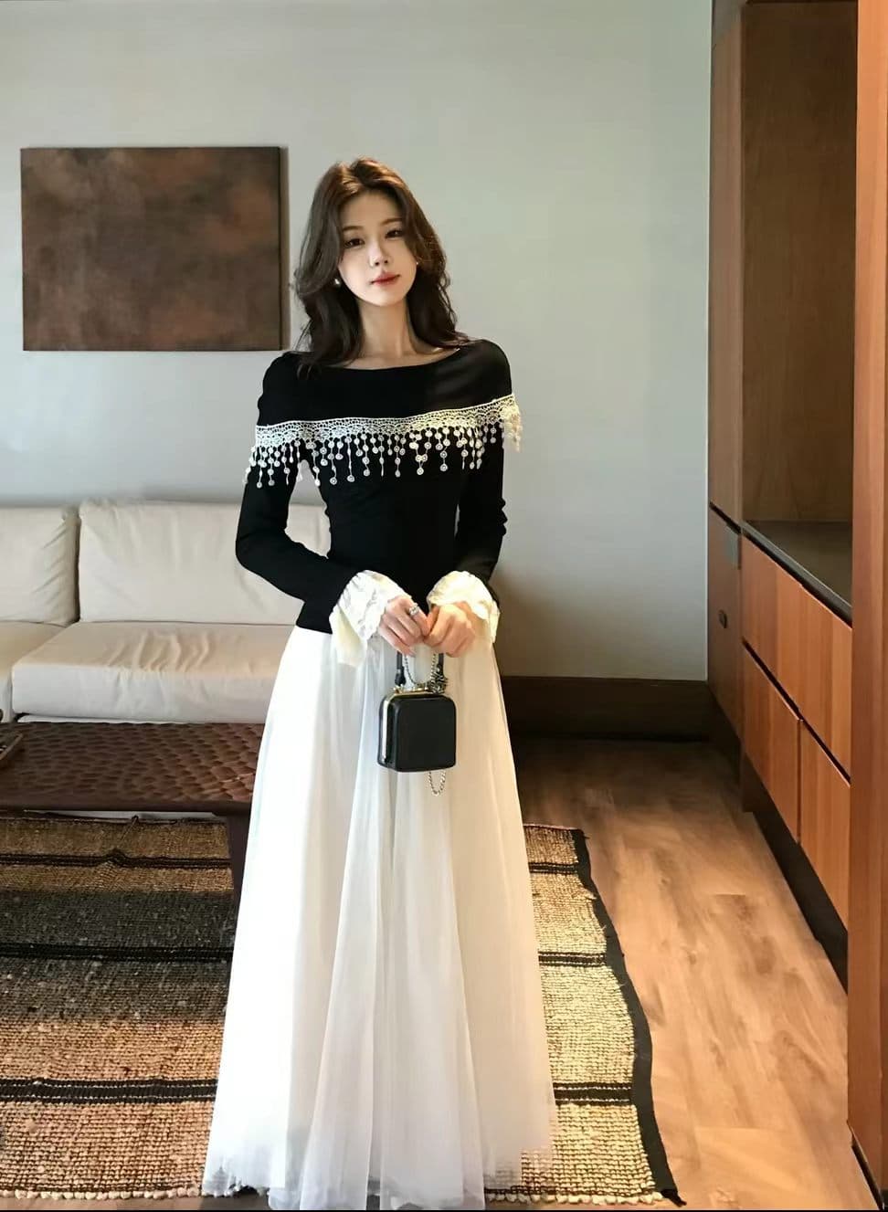 한 부서 부드러운 바람 연령 감소 맨위 망사 반신 스커트 투피스 세트 품격 착용 가져 가라. 세트 상세 이미지 5