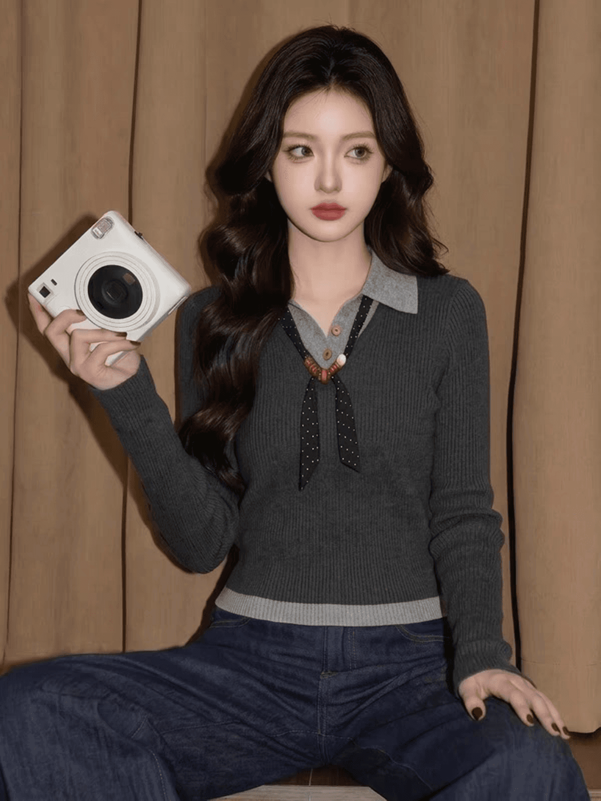 남부 산기슭 안개 연기가 나는 회색 페이크 레이어드 니트 스웨터 여성 가을 몸매 가꾸기 슬림해 보이는 긴팔 만나는 맨위 상세 이미지 2