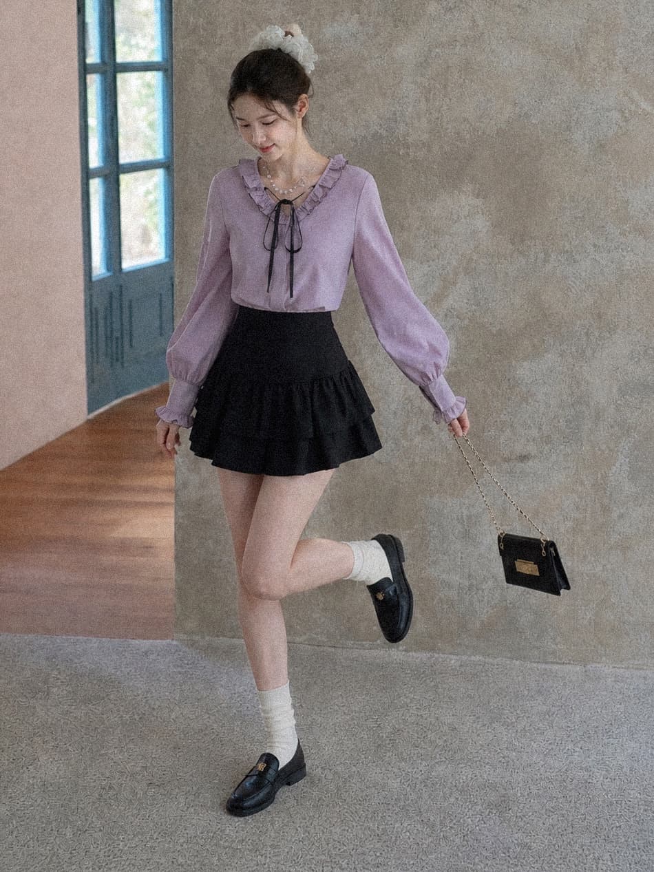 세트 ootd 착용 가져 가라. 연령 감소 전체 집합 보라색 레이스업 맨위 미니 스커트 작은 키 상세 이미지 3