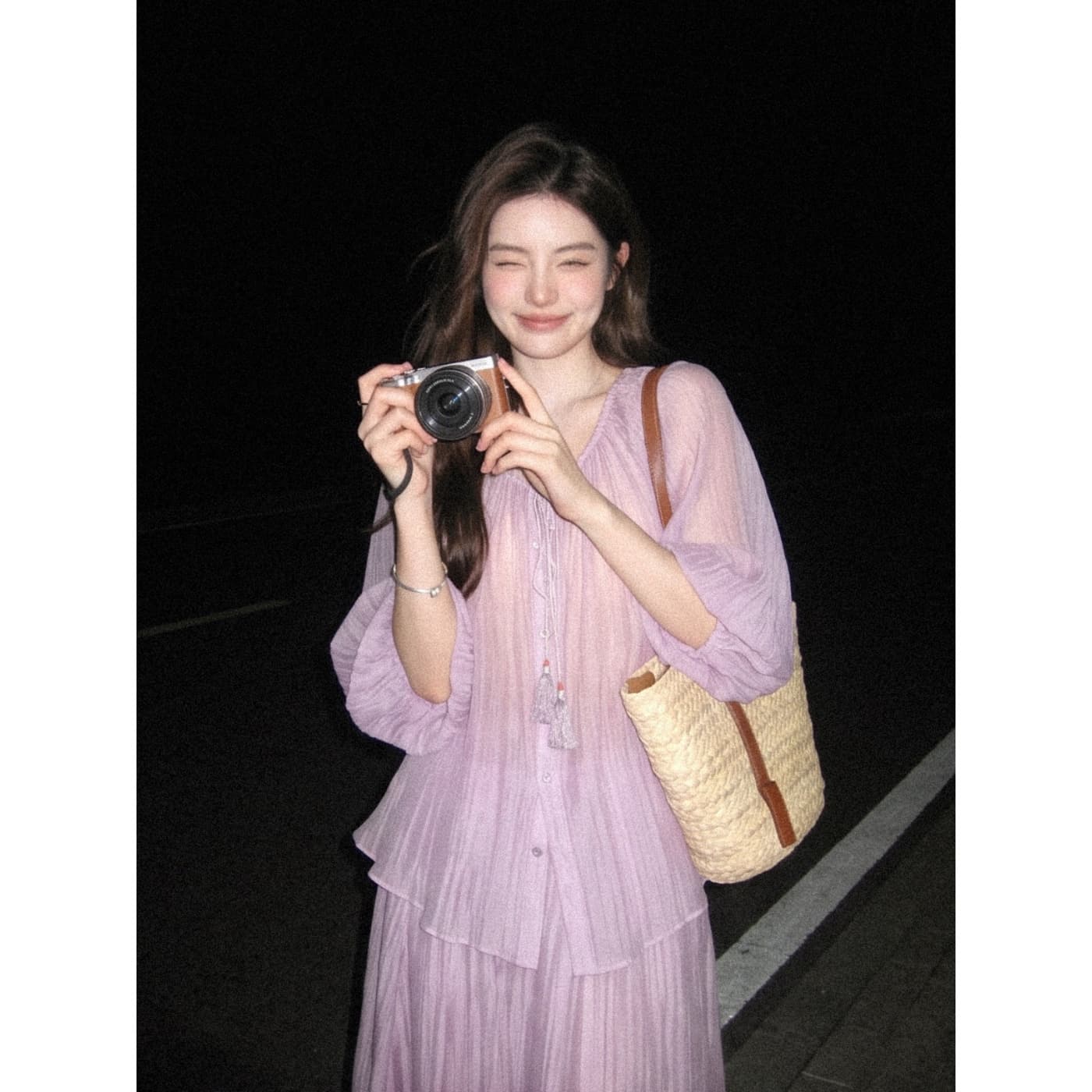 프랑스식 차 휴식 고급 센스 보라색 셔츠 드레스 투피스 슈트 여성 여름 새로운 품격 이미지 2