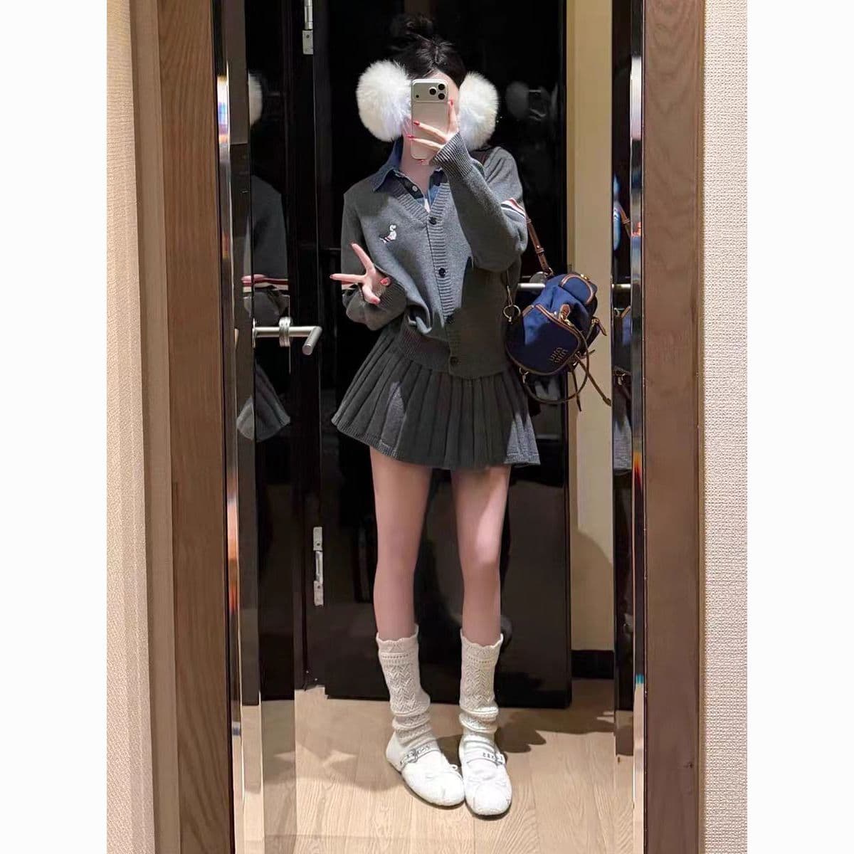 한 부서 천 골드 세트 자수 개 패치워크 데님 칼라 페이크 레이어드 니트 재킷 봄 슬림해 보이는 플리츠 스커트 상세 이미지 4