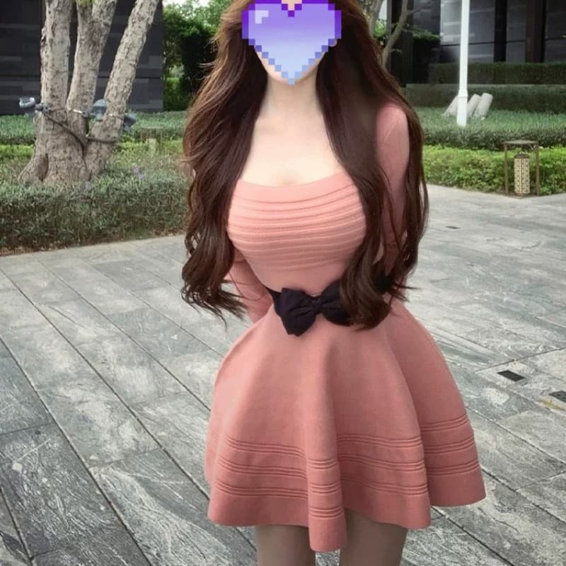프랑스식 명문 여성 바람 u 칼라 나비 매듭 니트 여성 드레스 가을 허리 수축 슬림해 보이는 퍼프 미니 스커트 벨트 포함 이미지 3