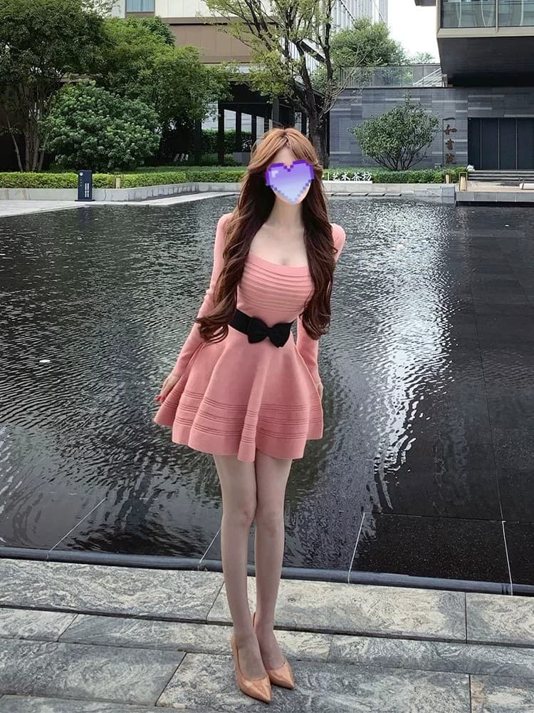 프랑스식 명문 여성 바람 u 칼라 나비 매듭 니트 여성 드레스 가을 허리 수축 슬림해 보이는 퍼프 미니 스커트 벨트 포함 상세 이미지 3