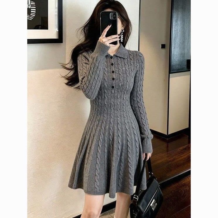 한국 POLO 칼라 허리 수축 슬림해 보이는 니트 드레스 2026 가을 새로운 작은 키 만나는 꽈배기 스웨터 드레스 상세 이미지 5
