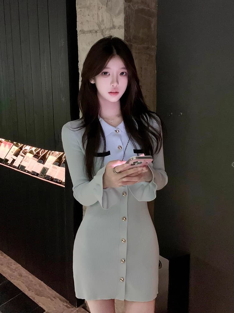 프랑스식 파란색 POLO 칼라 긴팔 니트 여성 드레스 조기 가을 장쑤 저장 및 상하이 천 골드 착용 가져 가라. 타이트 스커트 짧은 치마 이미지 4