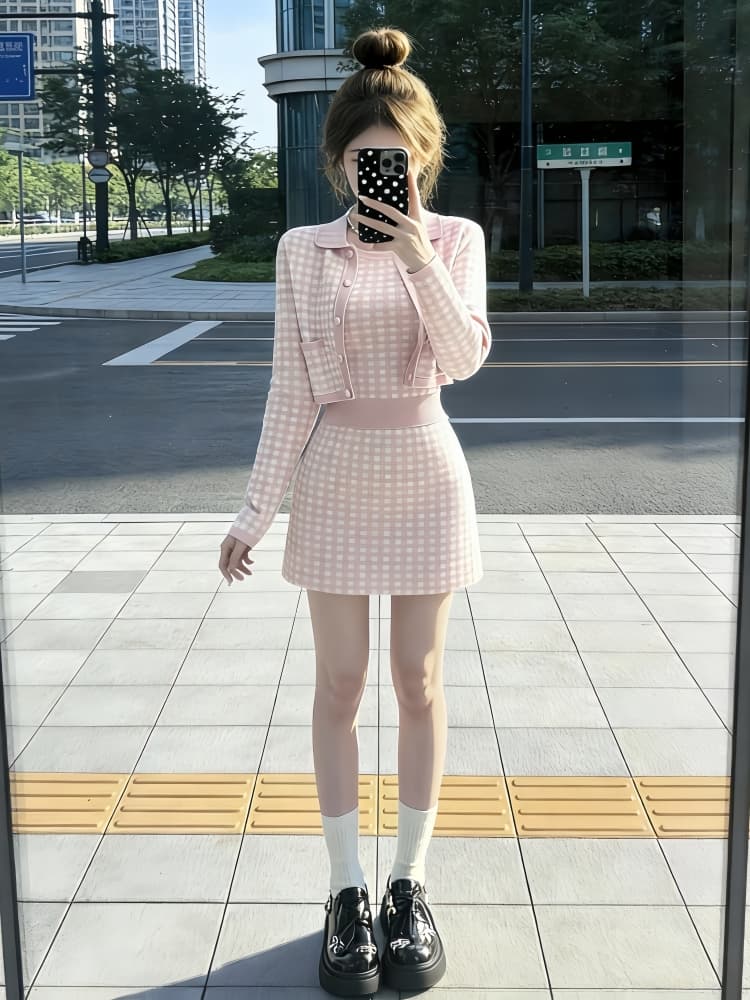 ootd 착용 가져 가라. 전체 집합 작은 키 고유 한 아름다운 작은 샤넬 스타일 조끼 맨위 스웨터 반신 치마 세트 이미지 2