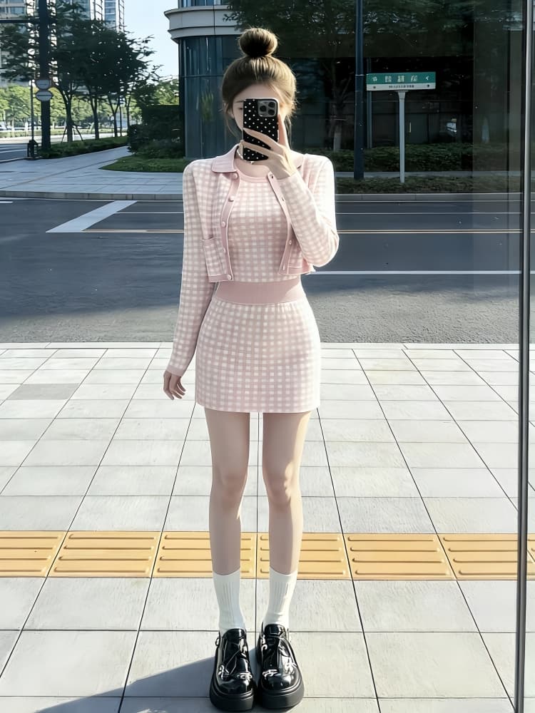 ootd 착용 가져 가라. 전체 집합 작은 키 고유 한 아름다운 작은 샤넬 스타일 조끼 맨위 스웨터 반신 치마 세트 이미지 4