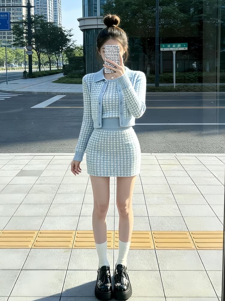 ootd 착용 가져 가라. 전체 집합 작은 키 고유 한 아름다운 작은 샤넬 스타일 조끼 맨위 스웨터 반신 치마 세트 상세 이미지 2