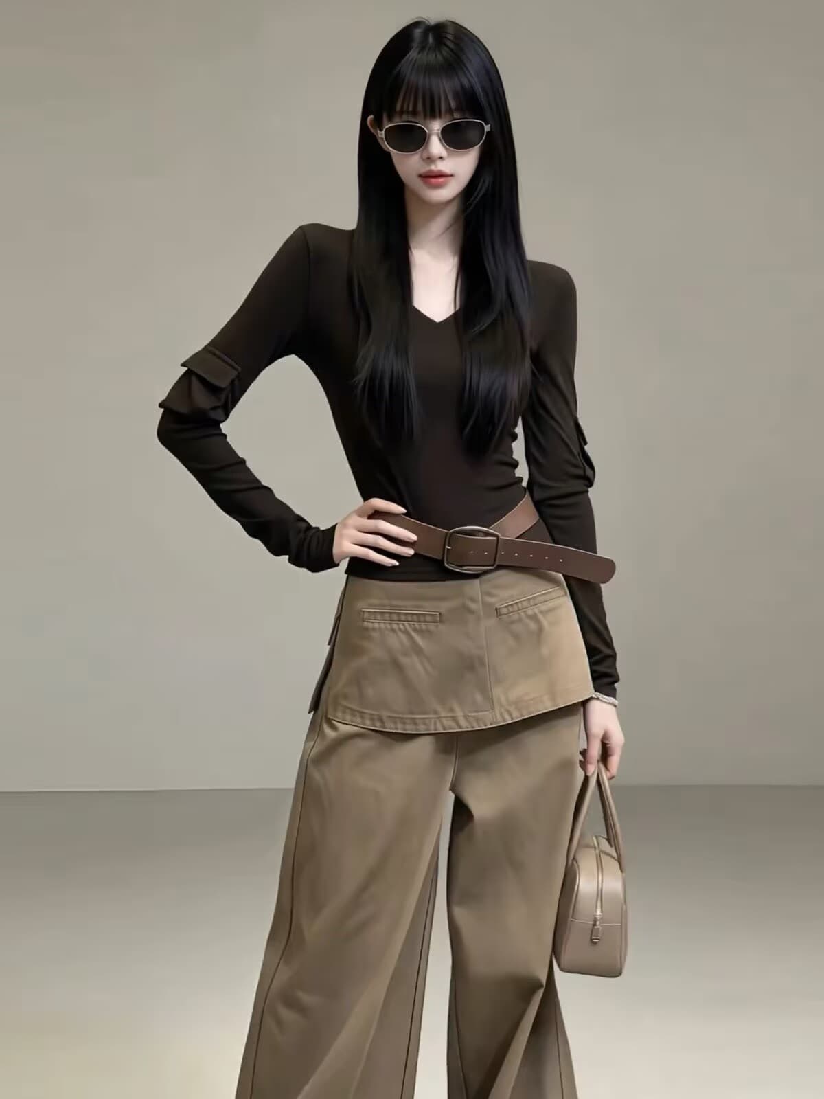 자이언트 잘 생긴 ootd 이른 가을 착용 가져 가라. 전체 집합 2026 새로운 V넥 긴팔 맨위 여성 와이드 레그 팬츠 투피스 슈트 이미지 4