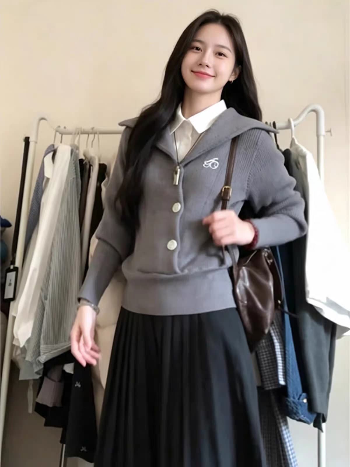 한 부서 패치워크 회색 후드 니트 오픈 가디건 여성 이른 가을 몸매 가꾸기 슬림해 보이는 디자인 센스 다용도 느긋한 캐주얼 재킷 상세 이미지 3