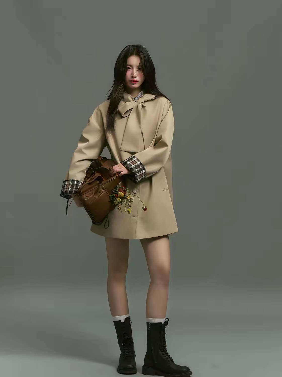 sunsetpark 일몰 박 가을의 날 전복 카키 체크무늬 패치워크 레트로 나비 매듭 재킷 재킷 상세 이미지 5