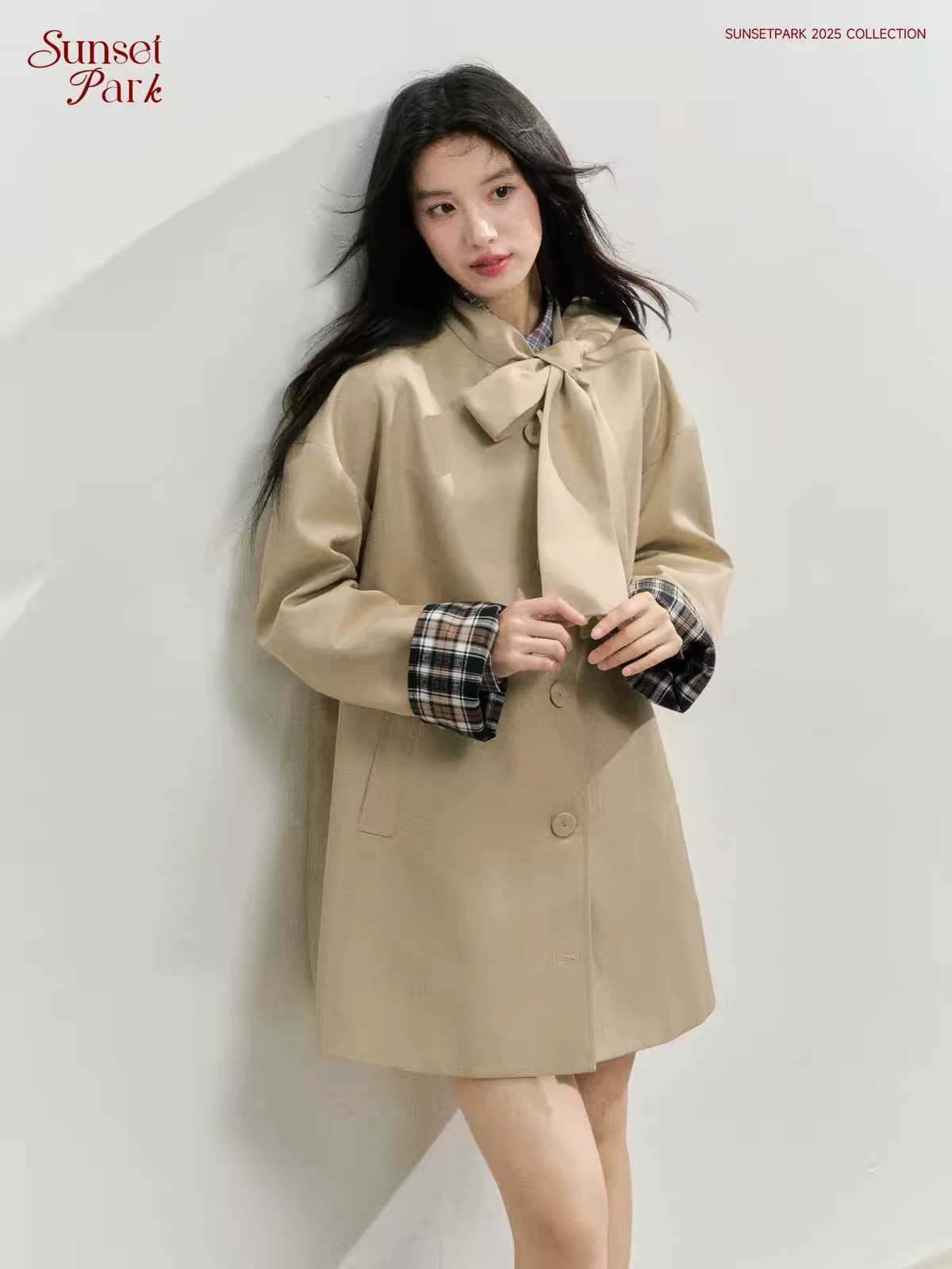 sunsetpark 일몰 박 가을의 날 전복 카키 체크무늬 패치워크 레트로 나비 매듭 재킷 재킷 상세 이미지 12