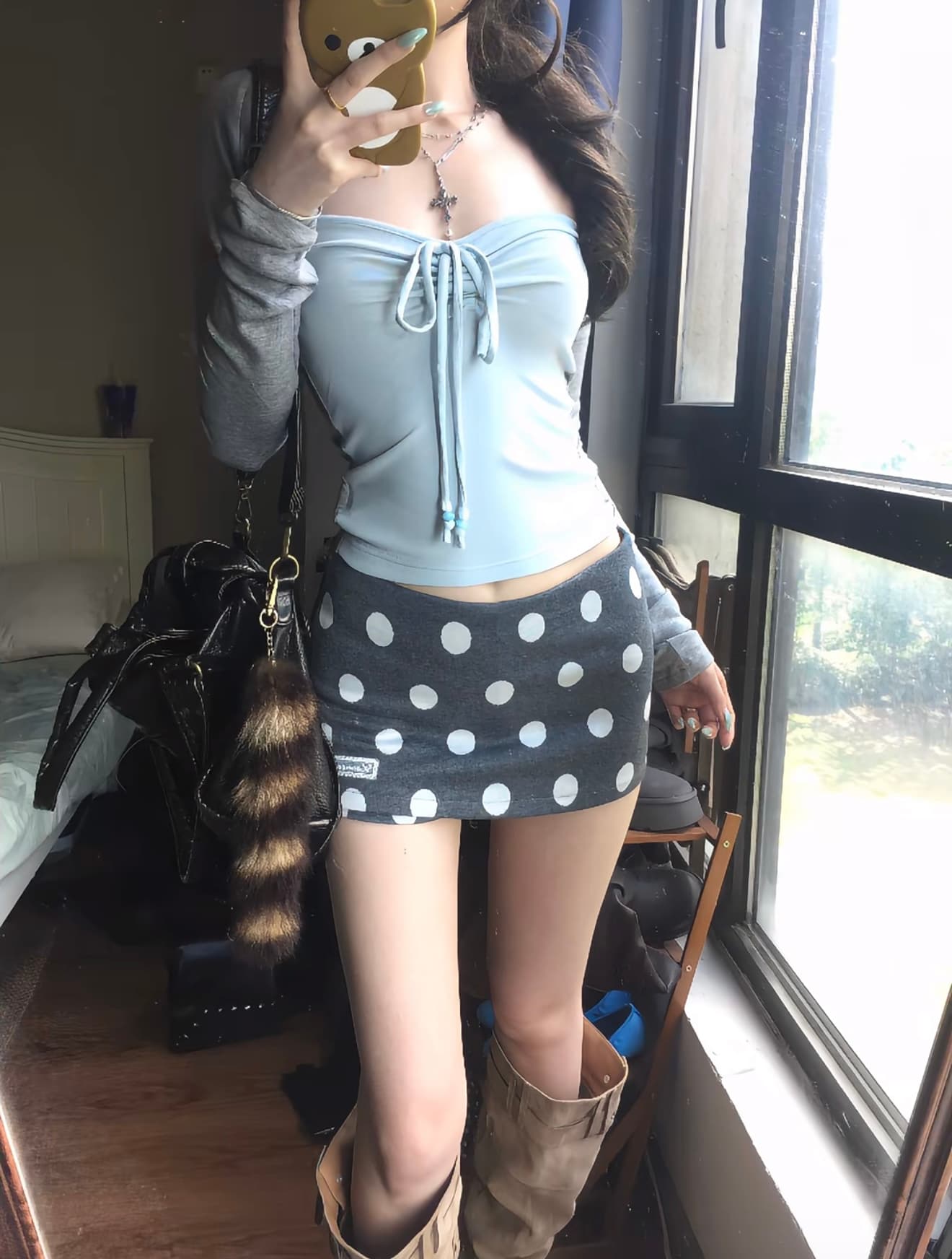 lennea 한 부서 소녀 바람 배색 어깨 튜브탑 페이크 레이어드 긴팔 느슨함 센스 티셔츠 몸매 가꾸기 슬림해 보이는 맨위 상세 이미지 6