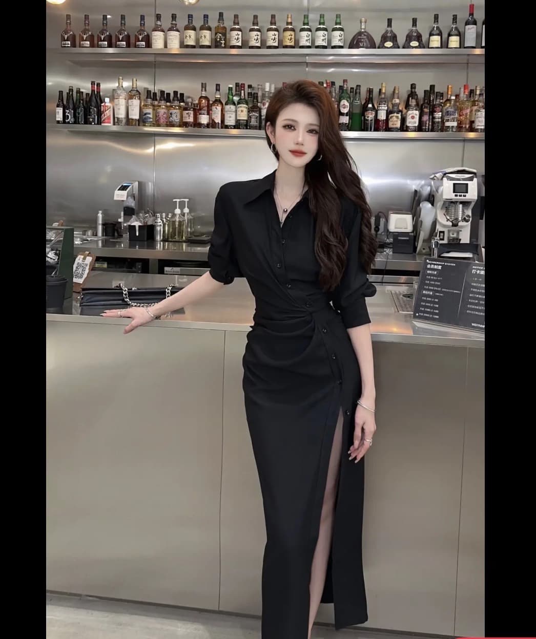 zacoco 프랑스식 고급 센스 폴로 칼라 싱글 줄 버튼 셔츠 드레스 이미지 2