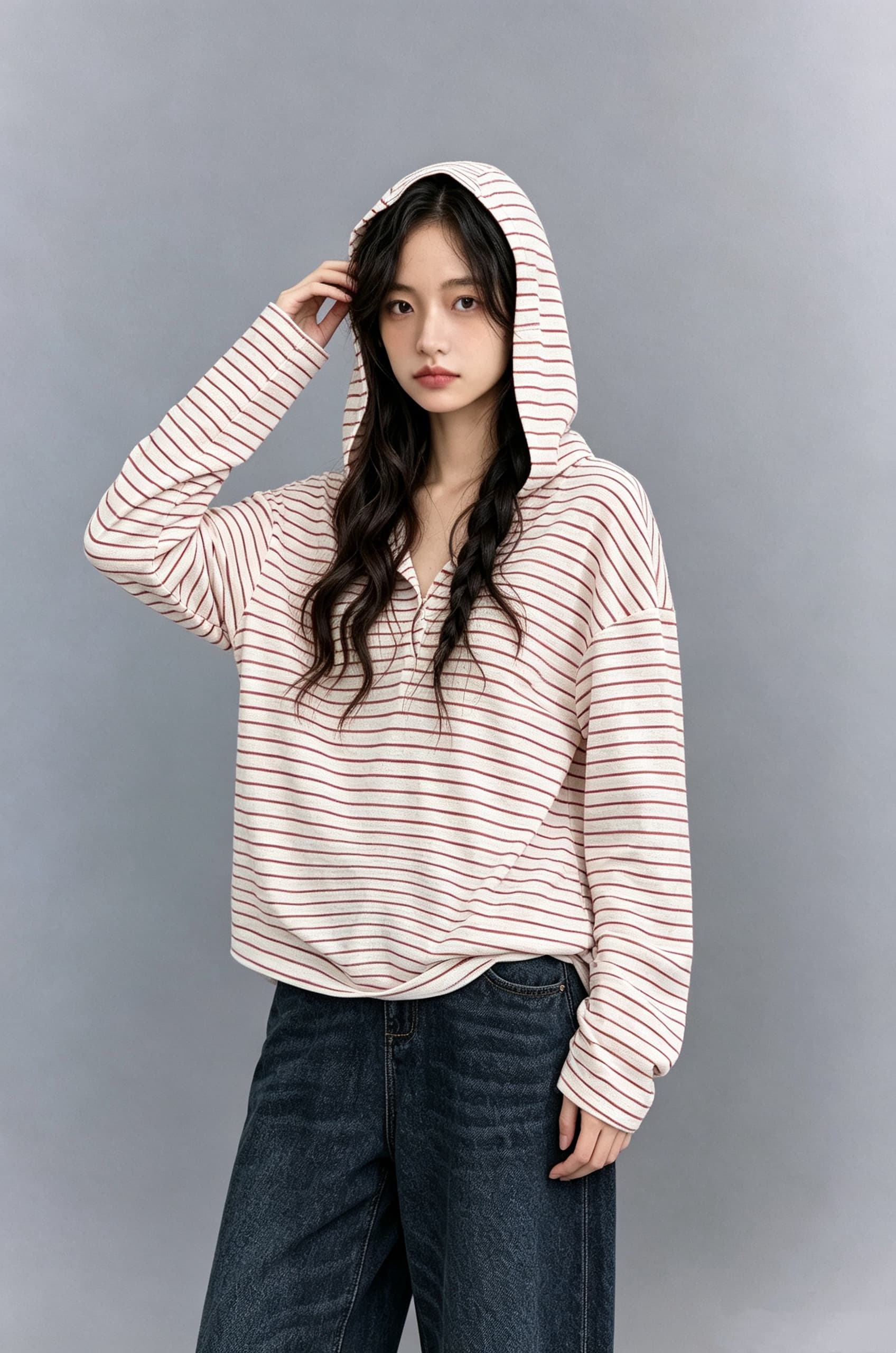 느긋한 계절 가벼움 마이크로 신축성 면 하프 문 을 열 襟 배색 스트라이프 후드 티셔츠 여성 이미지 3