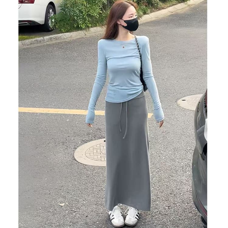 2026 이른 가을 한 부서 전체 집합 ootd 착용 가져 가라. 느긋한 느슨함 센스 패션 긴팔 티셔츠 반신 스커트 투피스 세트