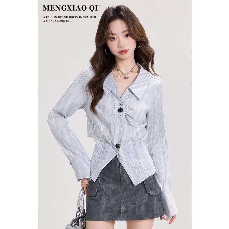 몽골 작은 SEVEN 디자인 센스 나팔 소매 폴로 칼라 긴팔 여성 셔츠 가을 프랑스식 Chic 셔츠 출퇴근 맨위 슬림해 보이는 상세 이미지 3
