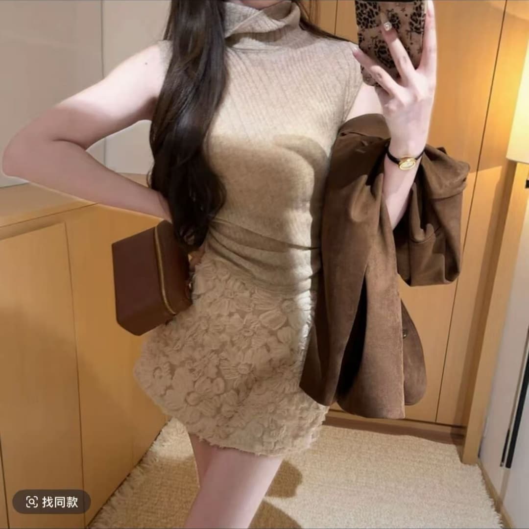 이른 가을 한 부서 착용 가져 가라. 고급 센스 작은 샤넬 스타일 레트로 재킷 터틀넥 니트 스웨터 타이트 스커트 세 조각 세트 여성 이미지 3