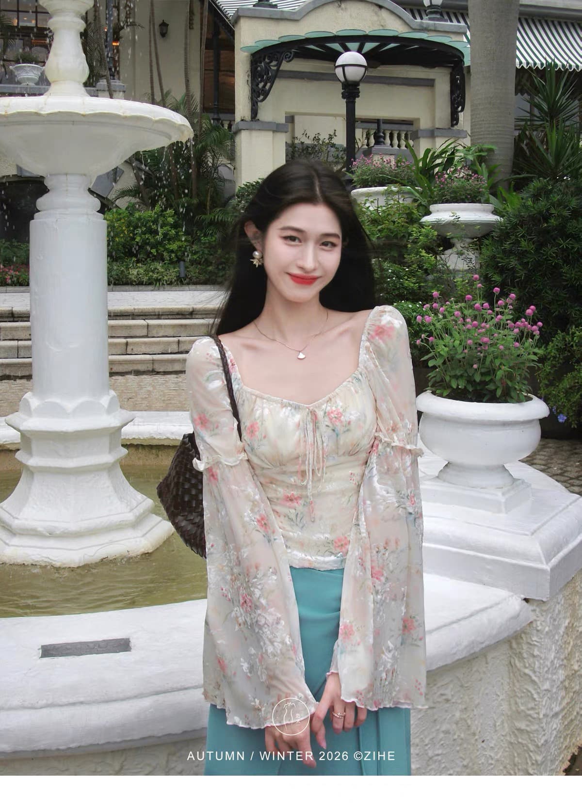 링 茜 거만한 와우 블루 팅 꿈 머리말 프랑스식 달콤함 식물 플러시 프린트 맨위 슬림해 보이는 하이웨이스트 반신 치마 세트 상세 이미지 4