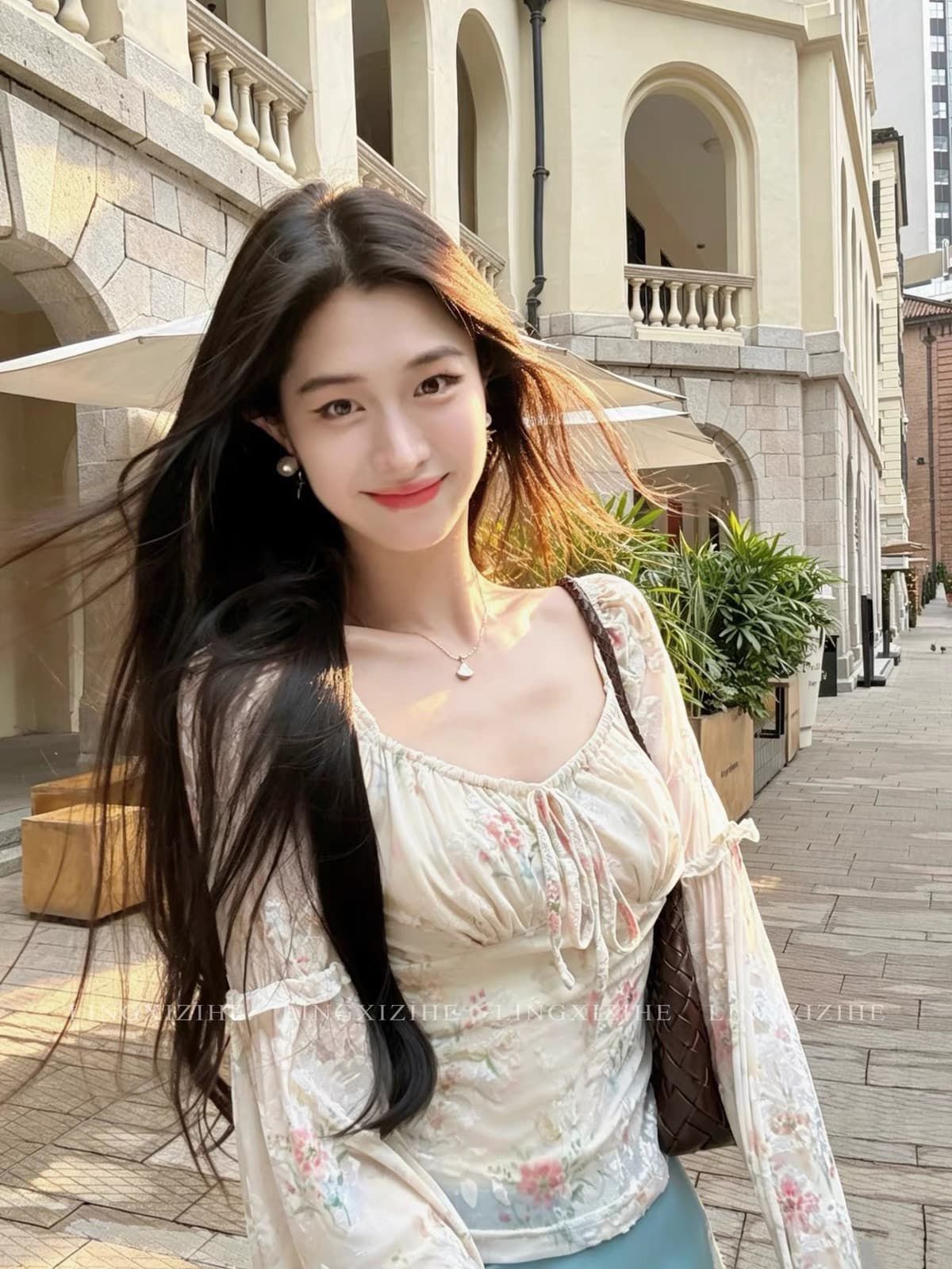 링 茜 거만한 와우 블루 팅 꿈 머리말 프랑스식 달콤함 식물 플러시 프린트 맨위 슬림해 보이는 하이웨이스트 반신 치마 세트 상세 이미지 6