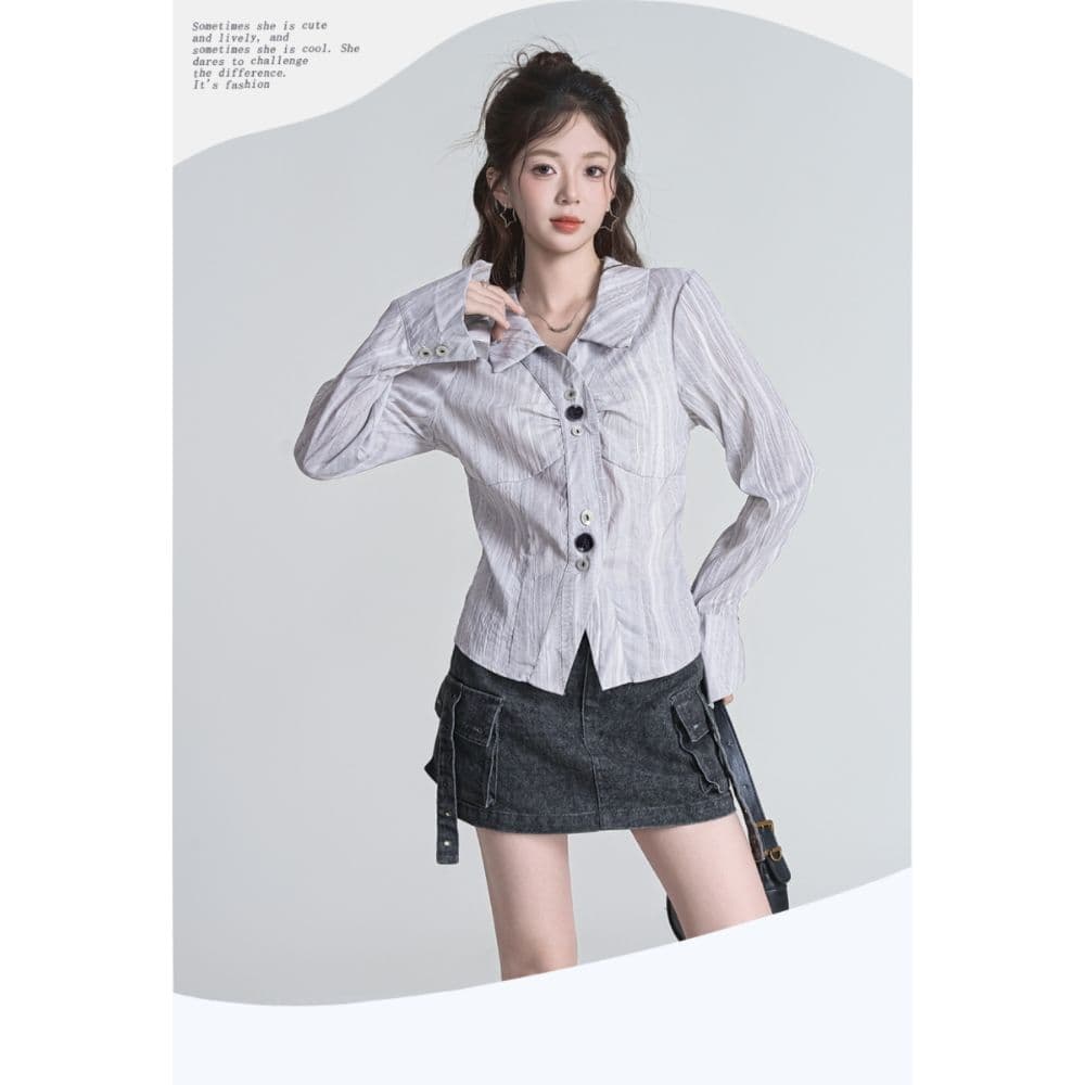 한 부서 chic 불규칙 주름 긴팔 여성 셔츠 가을 폴로 칼라 Chic 스트라이프 셔츠 파란색 슬림해 보이는 맨위 상세 이미지 4