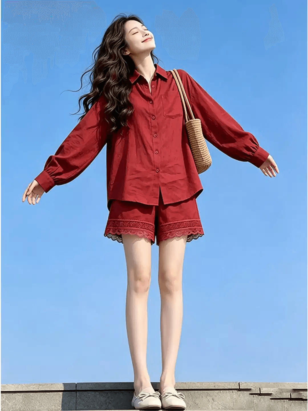 레트로 조정 빨간색 셔츠 반바지 두 조각 여성 세트 폴로 칼라 디자인 기타 장면 착용 가져 가라. 캐주얼 세트 여성 가을 상세 이미지 2